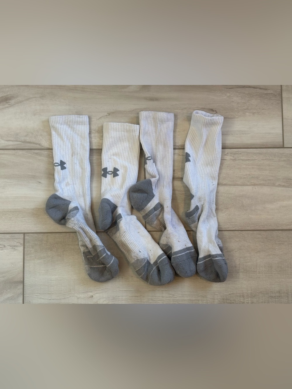Used rank Under Armour White Crew Athletic Socks with Gray Accents